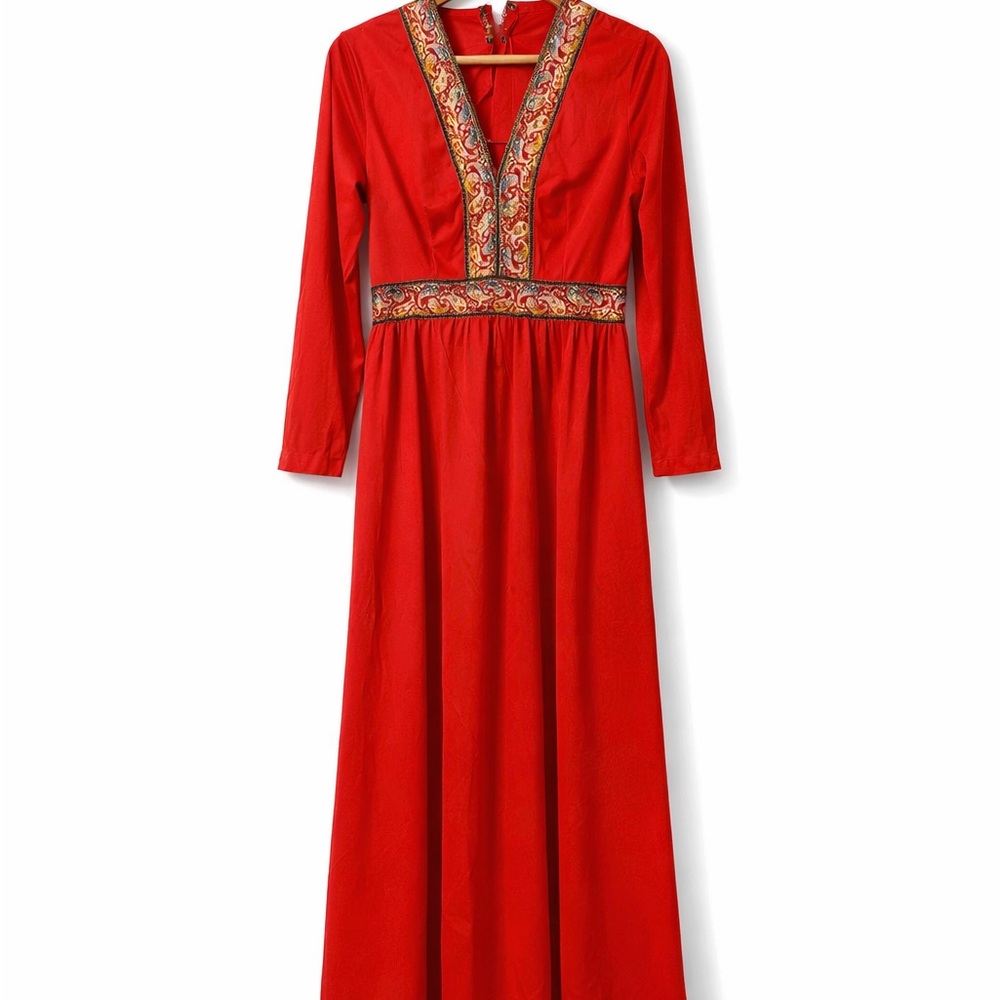 Vintage 70’s Red Embroidered V-Neck Maxi Dress Vintage Size 12 Fits Size 6-8
